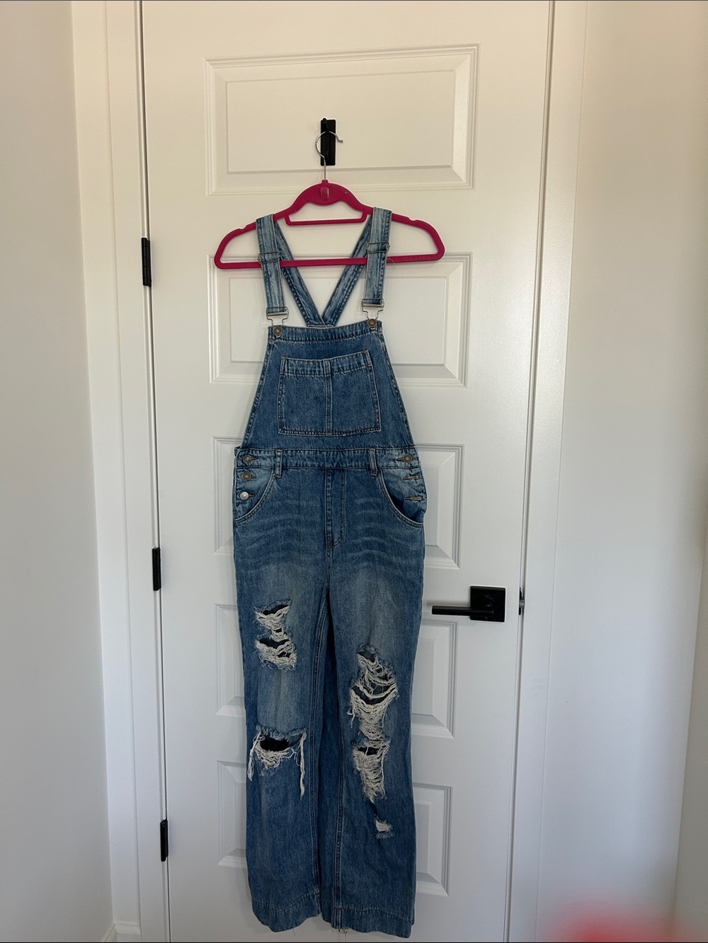 KanCan Distressed Denim Overalls in Large Blue